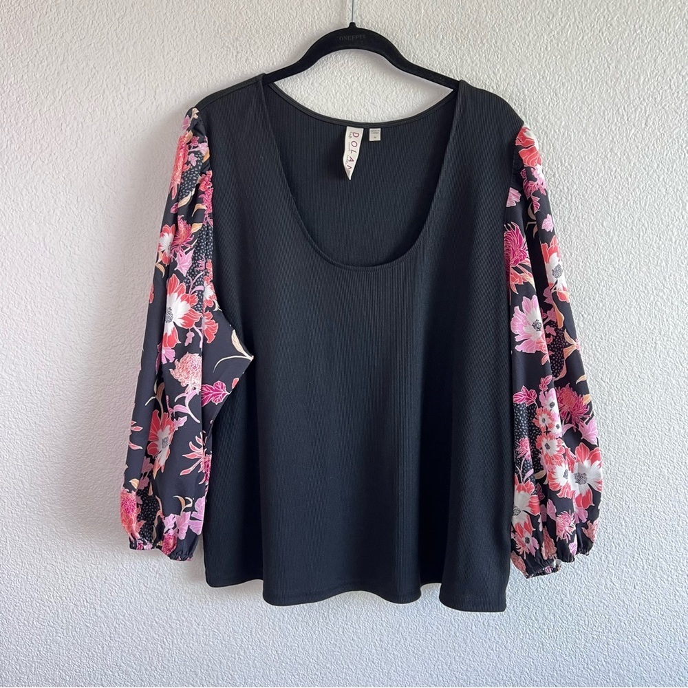 Anthropologie | Dolan Women’s‎ Floral Puff Sleeve Scoop Neck Blouse Black
